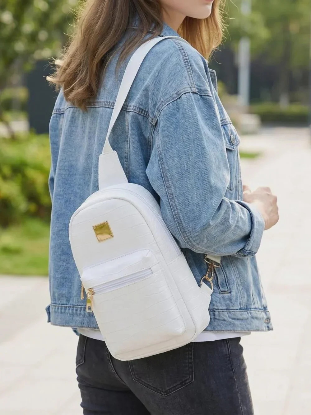White Croco Embossed Mini Backpack Faux Leather Sling Bag